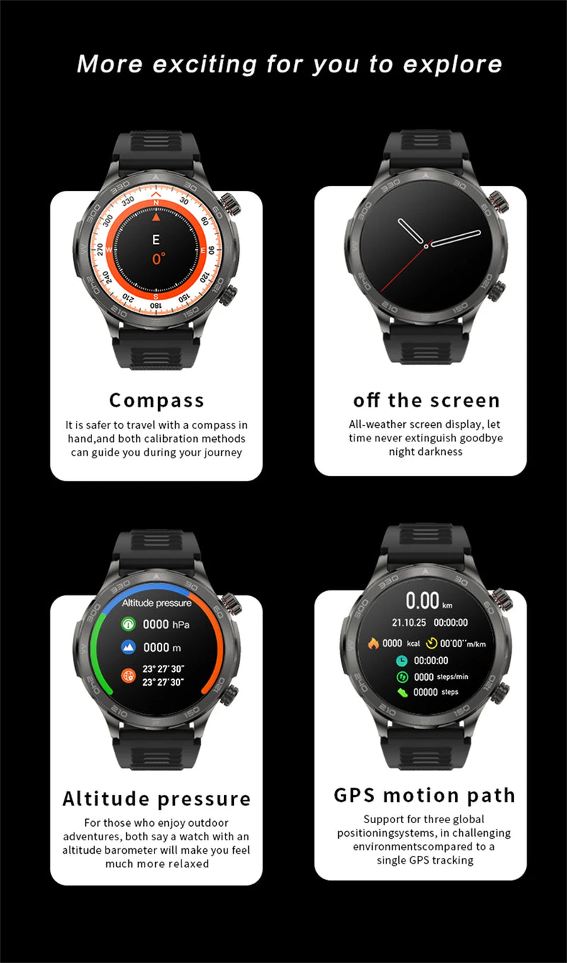 Relógio Inteligente de Chamada Bluetooth para Homens, Huawei AMOLED, Tela Grande HD, Frequência Cardíaca, NFC, IP68 Impermeável, GPS, Relógio Esportivo