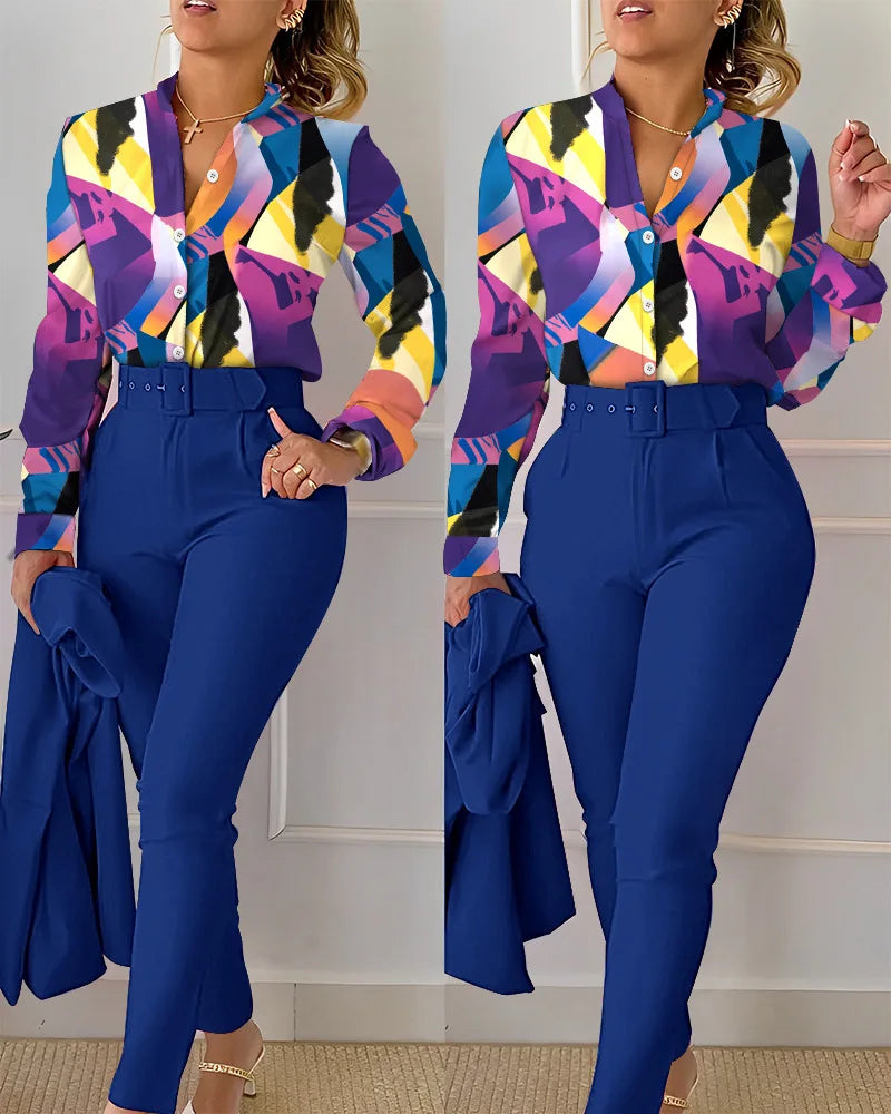 conjunto feminino primavera/outono 2023 - camisas manga longa + calça cintura alta