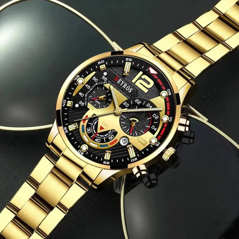 kit relogio quartzo masculino, aço inoxidavel + pulseiras / elegancia pura e muito estilo