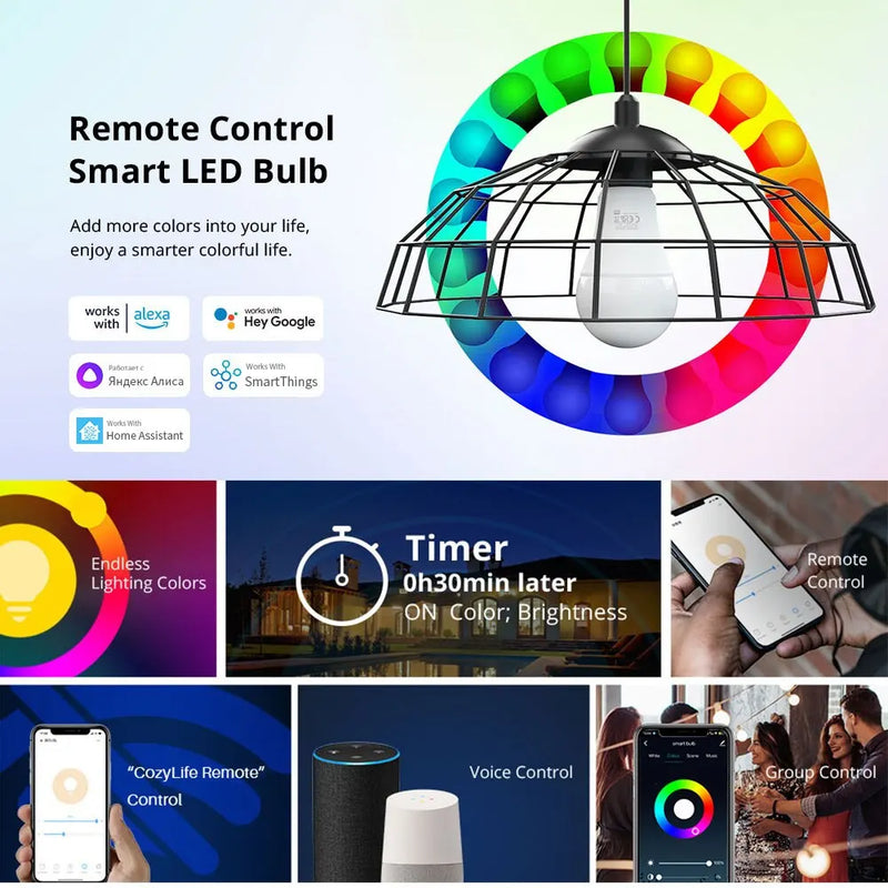 lampada RGBCW E27 Wifi Smart Dimming Light Bulb Timer / controle de voz, CozyLife Support SmartThings Alexa Google Home Alice Home Assistant