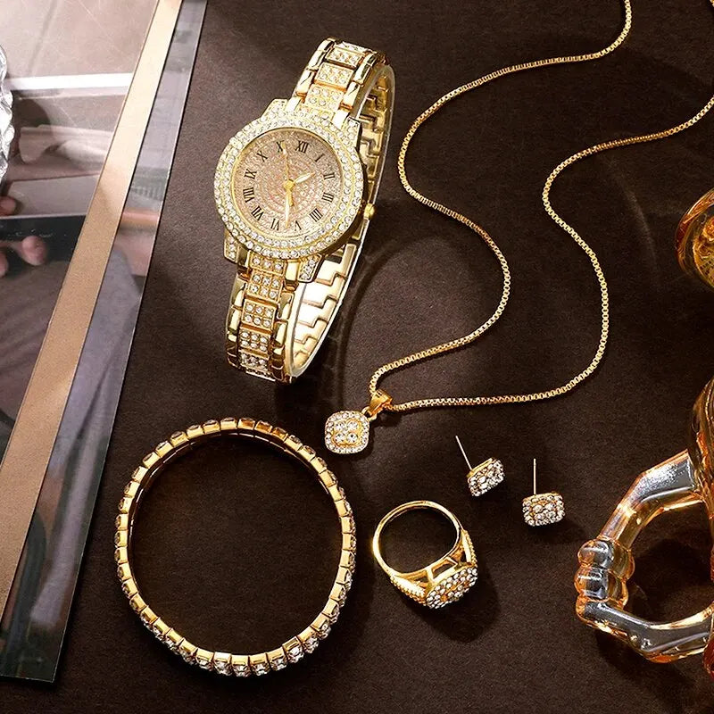 kit Relógio dourado feminino  + anel, colar e brincos strass (muito lindo)