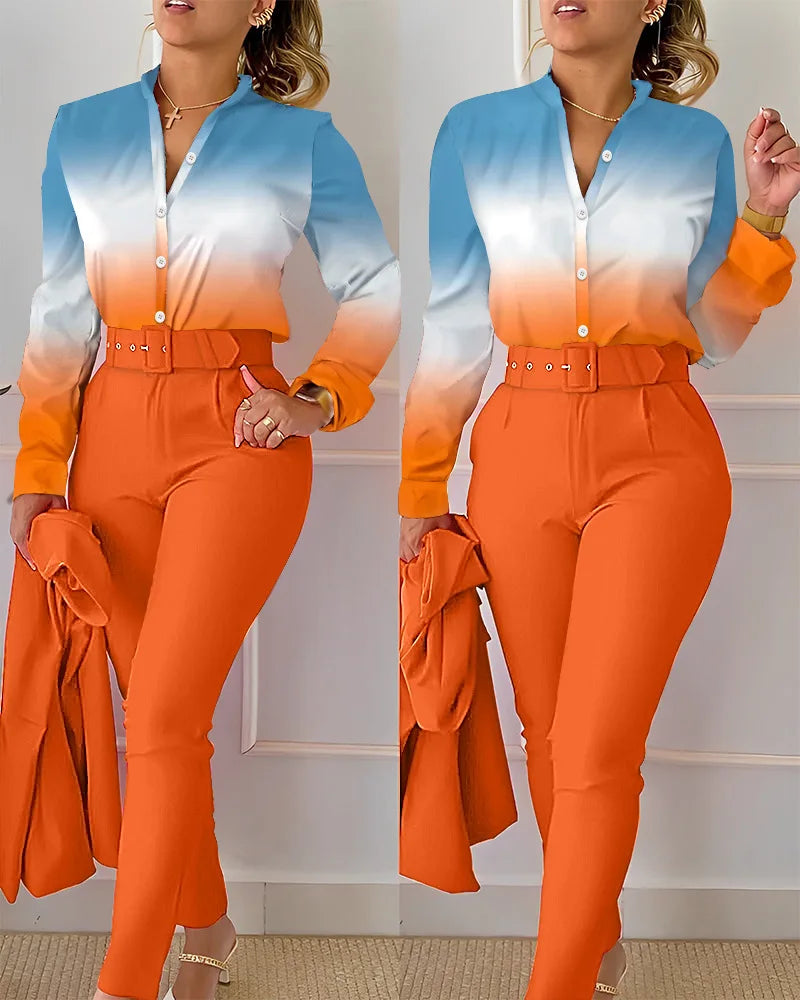 conjunto feminino primavera/outono 2023 - camisas manga longa + calça cintura alta