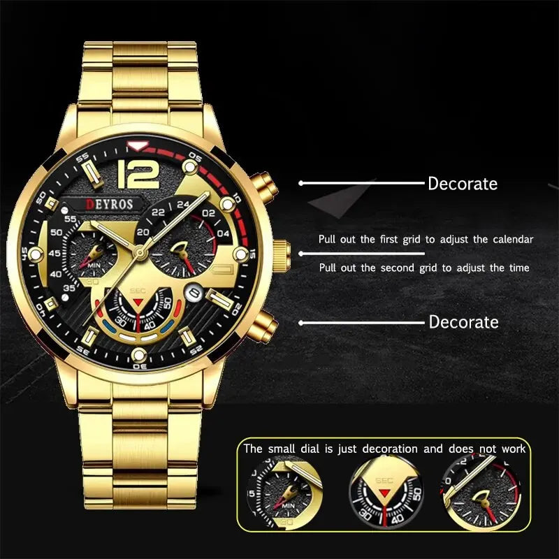 kit relogio quartzo masculino, aço inoxidavel + pulseiras / elegancia pura e muito estilo
