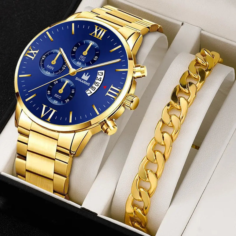 kit relogio quartzo masculino + pulseira (luxo e elegancia)