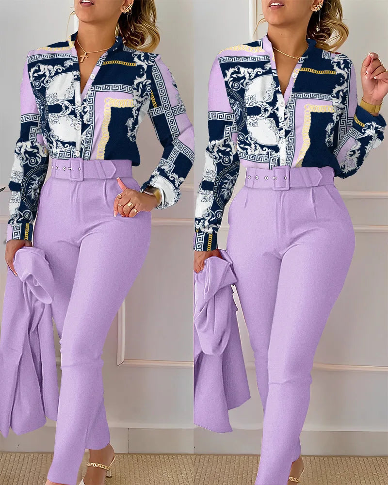 conjunto feminino primavera/outono 2023 - camisas manga longa + calça cintura alta