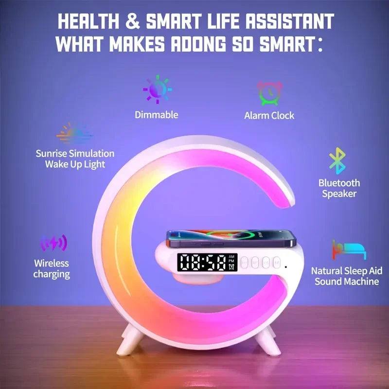 Novo multifuncional 3 em 1 + carregador sem fio, suporte alto-falante, rgb luz noturna estação de carregamento rápido para iphone, samsung, xiaomi, huawei