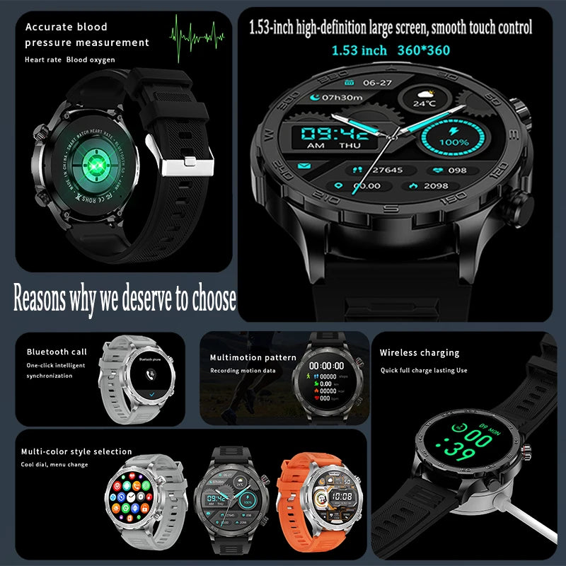 Relógio Inteligente de Chamada Bluetooth para Homens, Huawei AMOLED, Tela Grande HD, Frequência Cardíaca, NFC, IP68 Impermeável, GPS, Relógio Esportivo