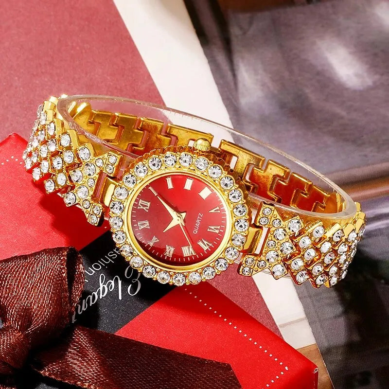 kit relogio feminino de luxo - dourado + colar, anél e brincos combinando