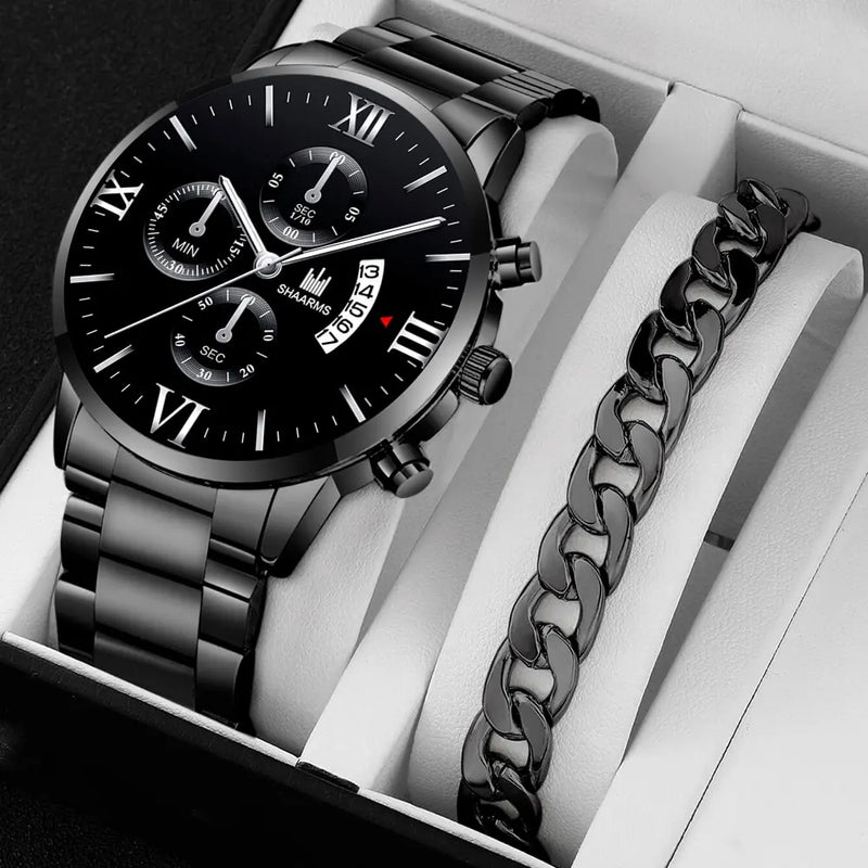 kit relogio quartzo masculino + pulseira (luxo e elegancia)