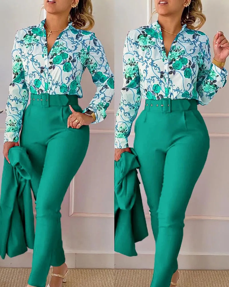 conjunto feminino primavera/outono 2023 - camisas manga longa + calça cintura alta