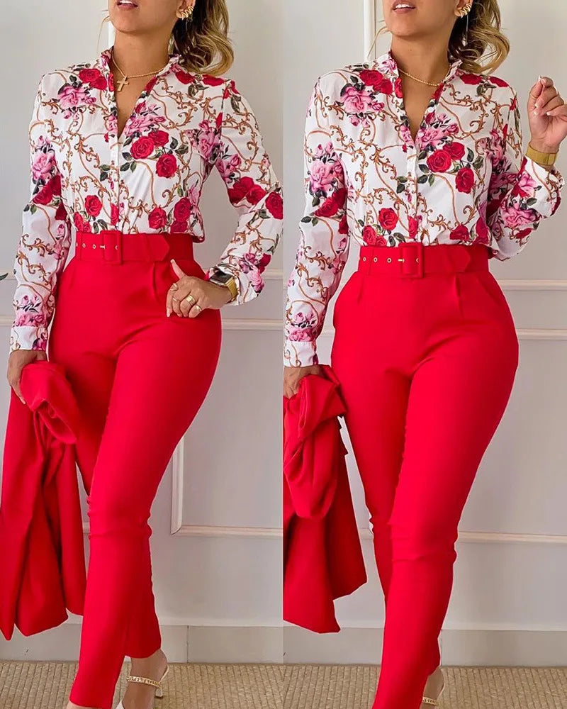 conjunto feminino primavera/outono 2023 - camisas manga longa + calça cintura alta