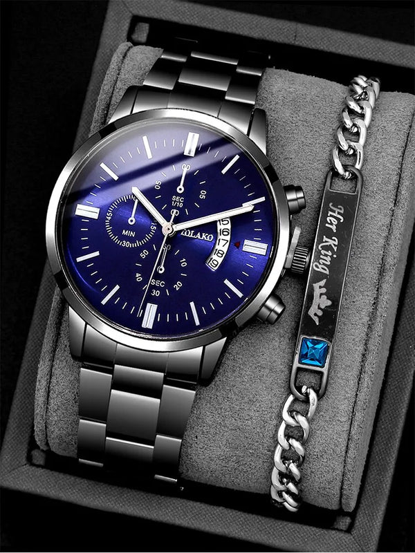 conjunto relogio quartzo + pulseira para homens na cor prata (muito lindo)