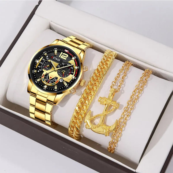 kit relogio quartzo masculino, aço inoxidavel + pulseiras / elegancia pura e muito estilo