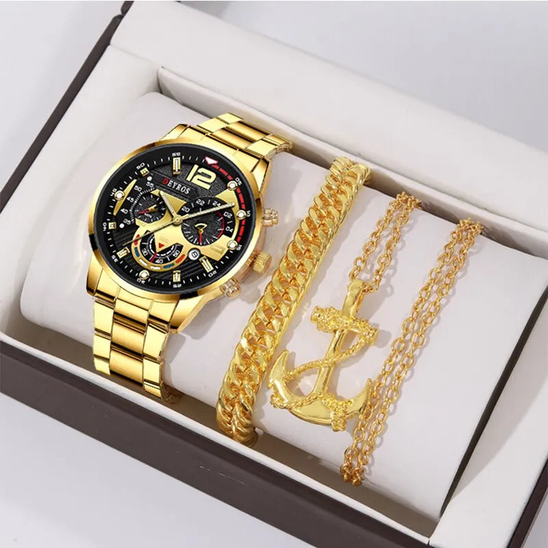 kit relogio quartzo masculino, aço inoxidavel + pulseiras / elegancia pura e muito estilo