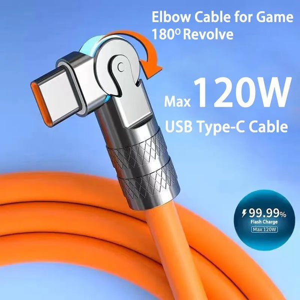 Cabo de Carregamento Rápido 120W Tipo C Com Rotação 180º – Samsung, Motorola, Xiaomi, etc
